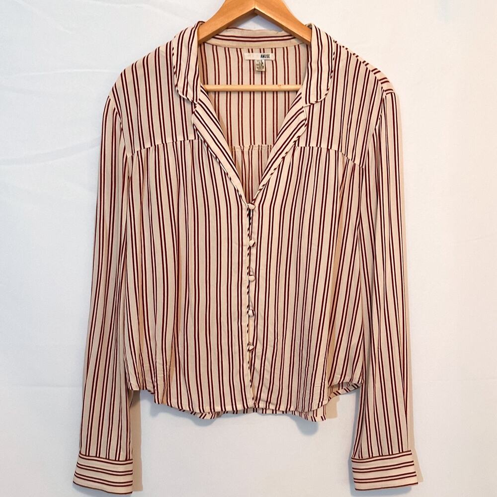 AMUSE SOCIETY Sofia Woven Top Red White Striped Button Down Dress Shirt Sz. S - Picture 2 of 5